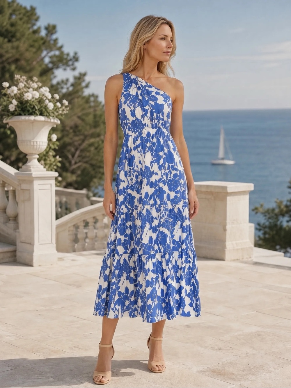 HYACINTH HOUSE Blue Floral One Shoulder Sybil Maxi Dress